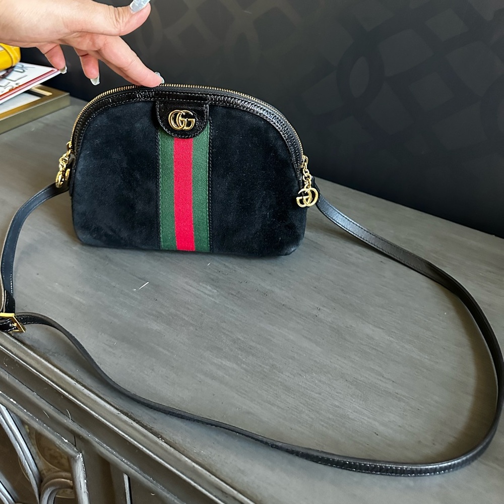 Suede Patent Web GG Small Ophidia Dome Shoulder Bag Black